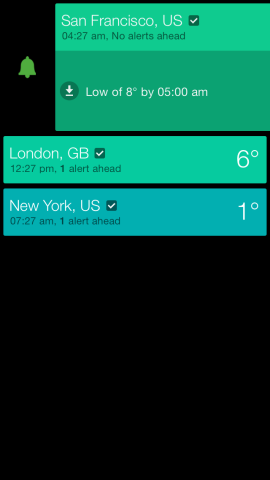 To activate alerts for each city, you just slide right until the alarm bell turns green.