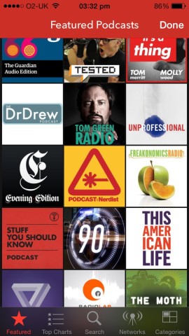 The friendly featured podcasts screen is great for discovering new shows