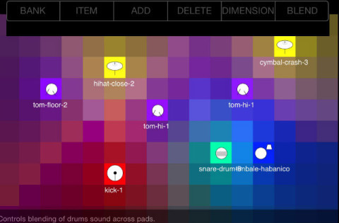 Here’s a drum kit laid out in the main 2-D Dimension. The intensity of the colored blocks indicates the volume of the sound