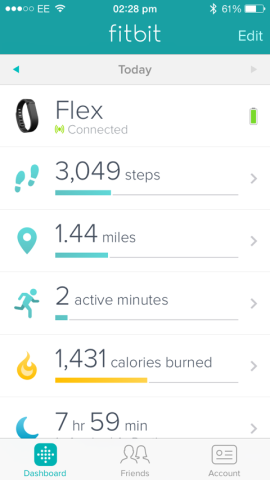 The Fitbit app syncs with the Flex to show you important stats