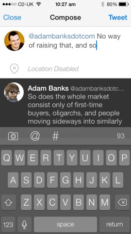 Tweetbot helpfully includes the tweet thread you’re replying to on the Compose screen