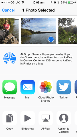 Open a Share sheet by tapping the Share icon. You'll see the usual Apple options.