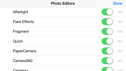 You’ll then see the Photo Editors screen, showing installed supported apps. Turn on those you want to use. Tap Done.