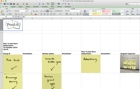 Exporting to Excel converts each post-it note to a cell.