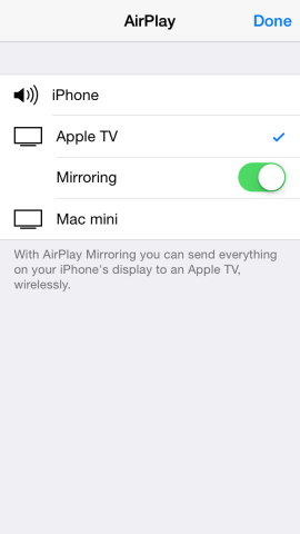 3. Select the relevant Apple TV or device by tapping it, and turn on mirroring.