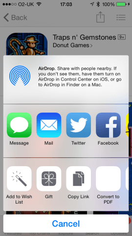 1. Sign into the App Store, find the game you want to gift, and tap on it to access its details. Tap the Share button and then tap the Gift icon that’s found in the share sheet.