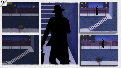 Moving the frames around determines at what point in the narrative the guy climbs the stairs