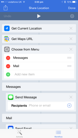In this workflow, a user's location is passed into either the Messages or Mail app. 