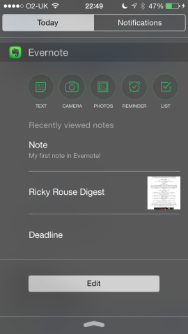 In iOS 8, the Today view widget provides fast access to Evernote.