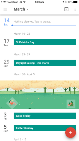 Google Calendar's main user interface (UI) when running on an iPhone 6 Plus. 