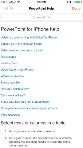 Office for iPhone Help menu