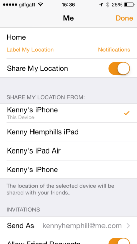 Choose which device from which to share your location.