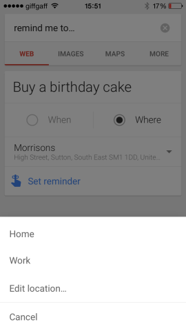 The Google app allows you to set reminders by time or location.