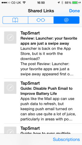 Visit a site you’d like to subscribe to, tap the bookmarks icon, and then the ‘@‘ tab to see your Shared links.