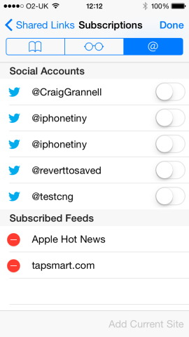 Tap on Subscriptions to see your currently active subscriptions. Tap ‘Add Current Site’ to add your chosen site.