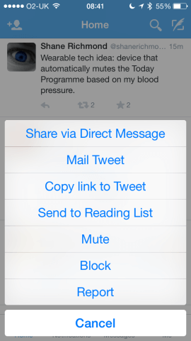Tap-hold a tweet for an actions list.