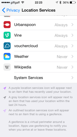 System Services allow you to control how iOS services access location settings.