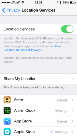 You control how iOS shares your location in Location Services.