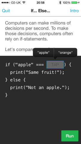 Tap, select something for the slot, and then run the code.