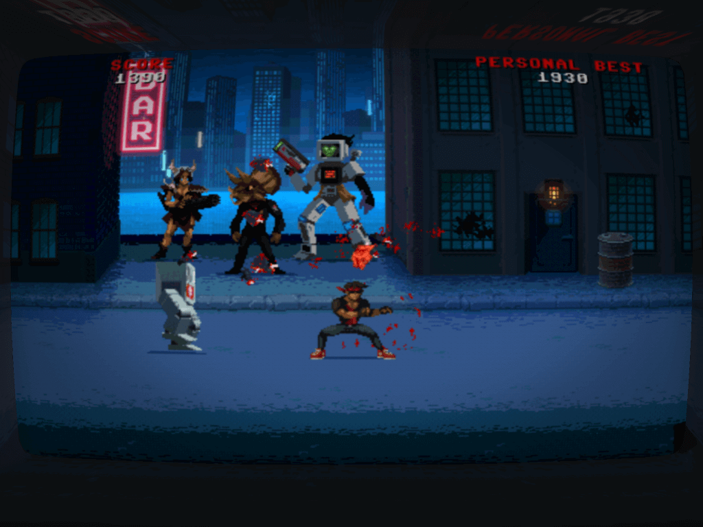 The cartoon violence isn't over the top, but it's there – 80s pixel gore in all its glory
