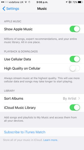 You can enable iCloud Music Library from inside the iOS Settings app. 