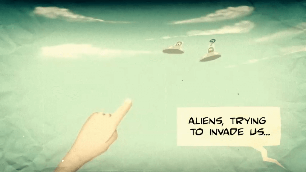 Earth is having its bacon stocks depleted by invaing aliens, explains the opening animated sequence