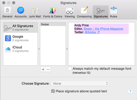 First you'll need to create an email signature on a desktop email programme and send it to yourself to open in the iOS Mail app