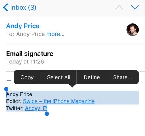 Copy and paste the email signature from the iOS Mail app