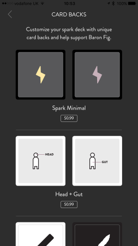 Spark's in-app purchases include different packs of prompts based around variations of the same dichotomy. 