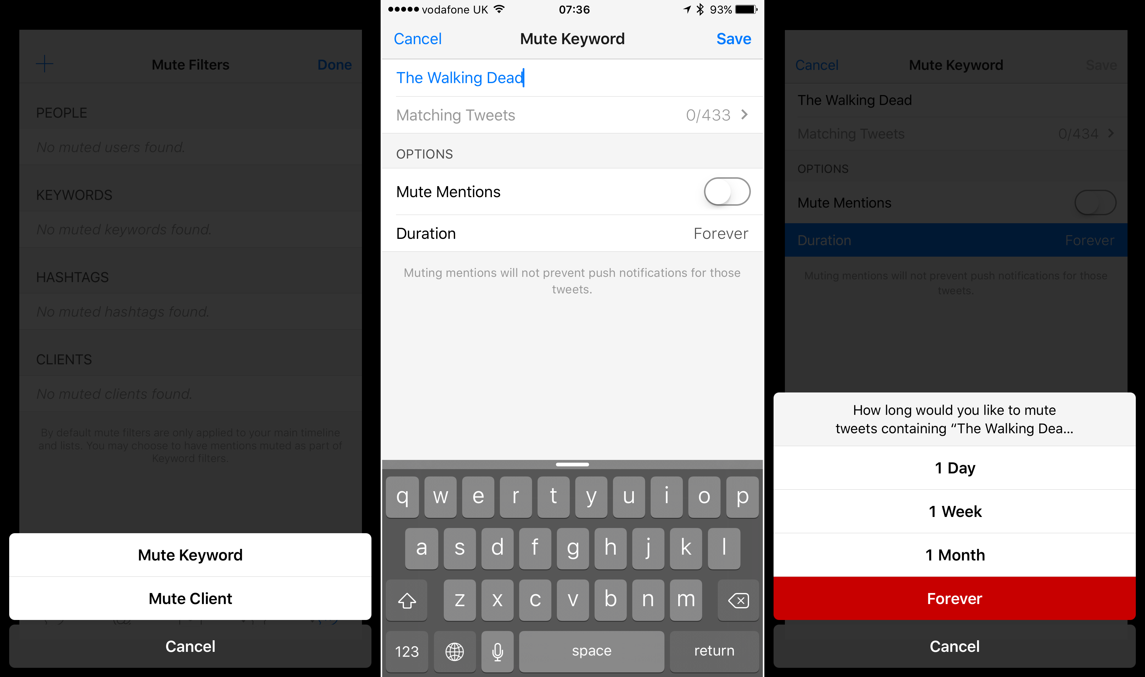 You'll need to choose your keywords carefully in order for Tweetbot's mute filters to work.