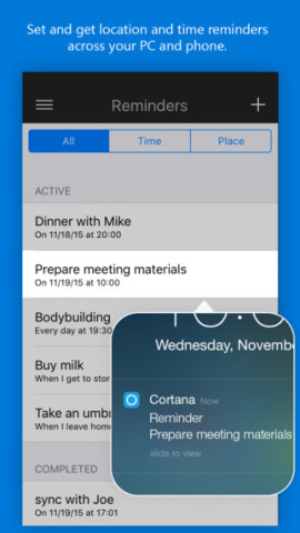 Screenshot showing Cortana's reminders.