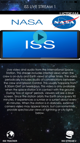 The app's main stream, Live Stream 1, lets users listen in to conversations with Mission Control while also viewing video from the International Space Station.