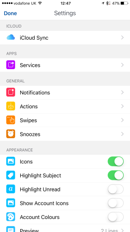 A further range of options are also available to configure in Airmail's settings, including swipe gestures, notifications, and more. 