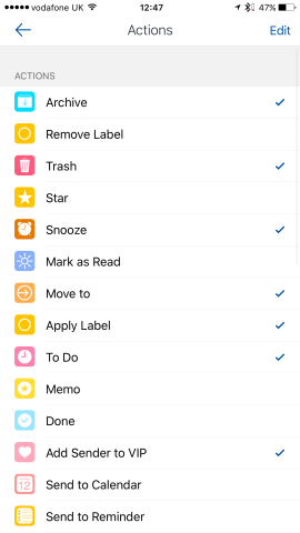 Actions can be added or removed from inside Airmail's settings. The process of doing so is as simple as swiping and ticking the actions you want to see appear. 