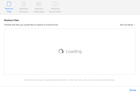 After the interface loads, users will be able to choose files and restore them to iCloud Drive from iCloud.com. 