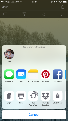 The usual iOS sharing sheet is supported if you are proud of your work and want to shout about it.