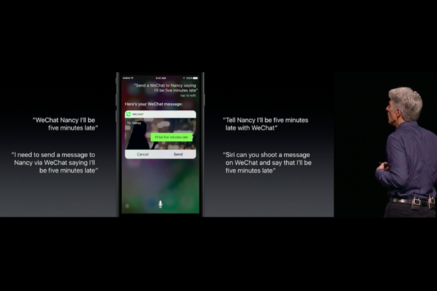 A quick demo of Siri being used to send a message via the third-party WeChat app