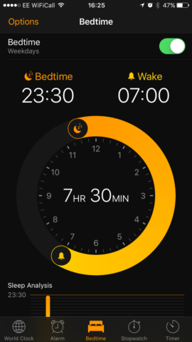 The main control screen for Bedtime is located in the Clock app