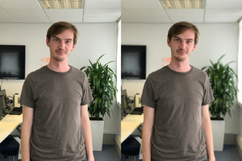 Apple's Portrait Mode has been automatically applied to the shot on the right with the original on the left