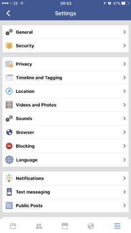 The Security menu of Facebook Settings