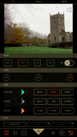 A range of film stocks can be accessed from a menu in the viewfinder