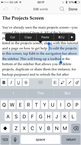 Editing a document in Scrivener