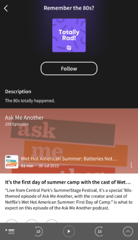 Tap through into a collection and the app lists a series of podcast episodes under a curated theme
