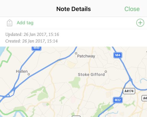 Tapping the 'i' lets you add tags to collect notes under one heading. It also gives details on the location of where the note was made