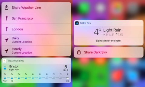 A side-by-side comparison of Weather Line and Dark Sky's share sheets. 