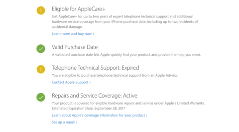 AppleCare+ support available for an iPhone 7 purchased in September 2016. Checked via Apple's Eligibility Tool