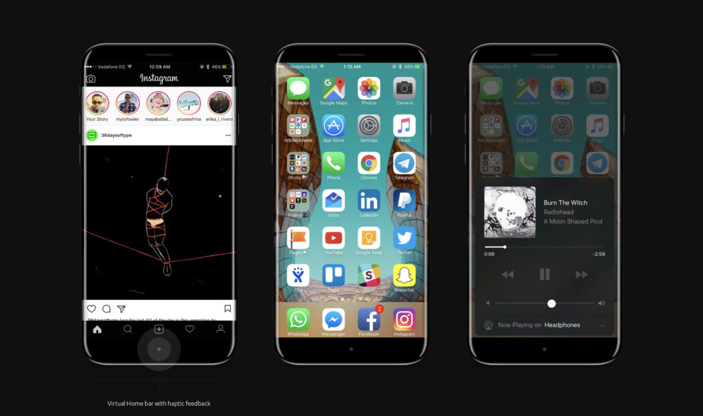 Images show the Home screen, Control Center and Instagram