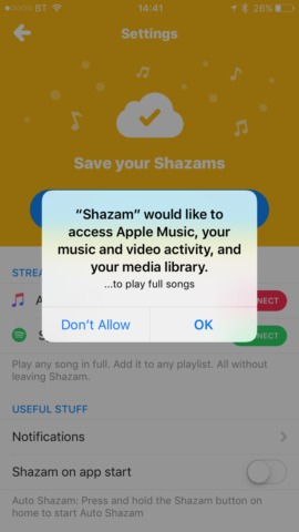 Allow Shazam access to Apple Music