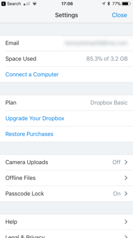 dropbox settings