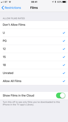 Restrictions movies settings